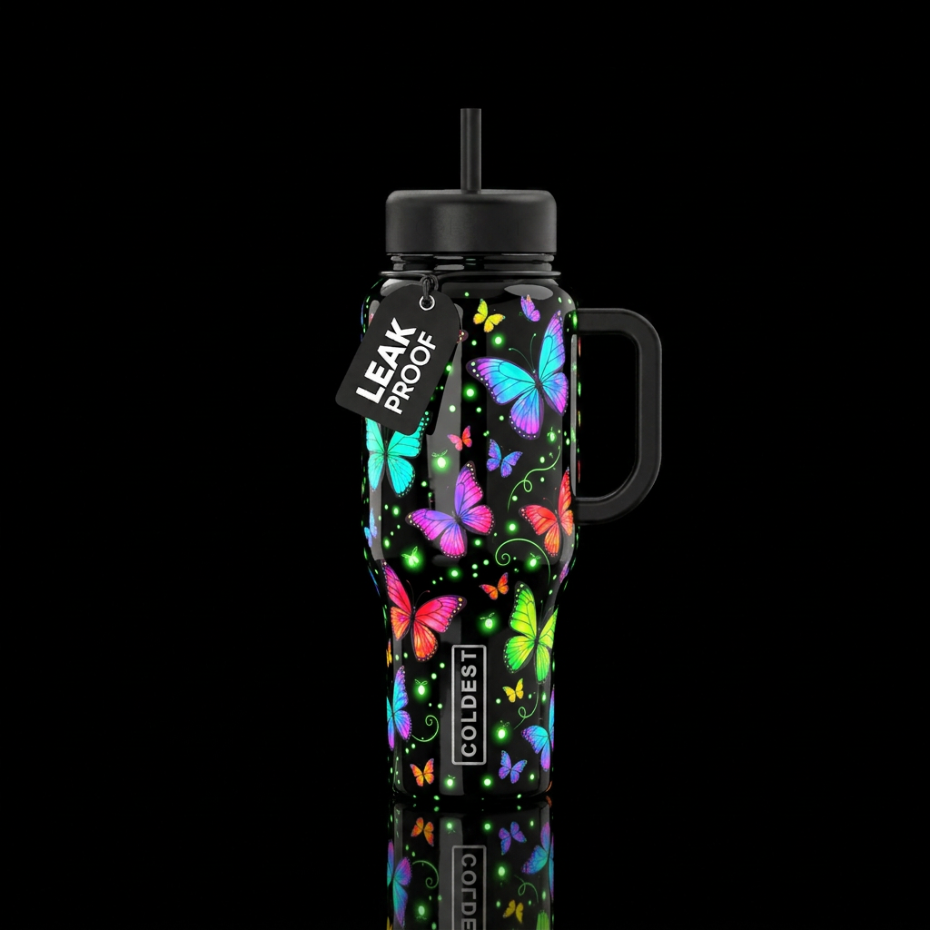 Glowie Midnight Butterflies & Fireflies water bottle design