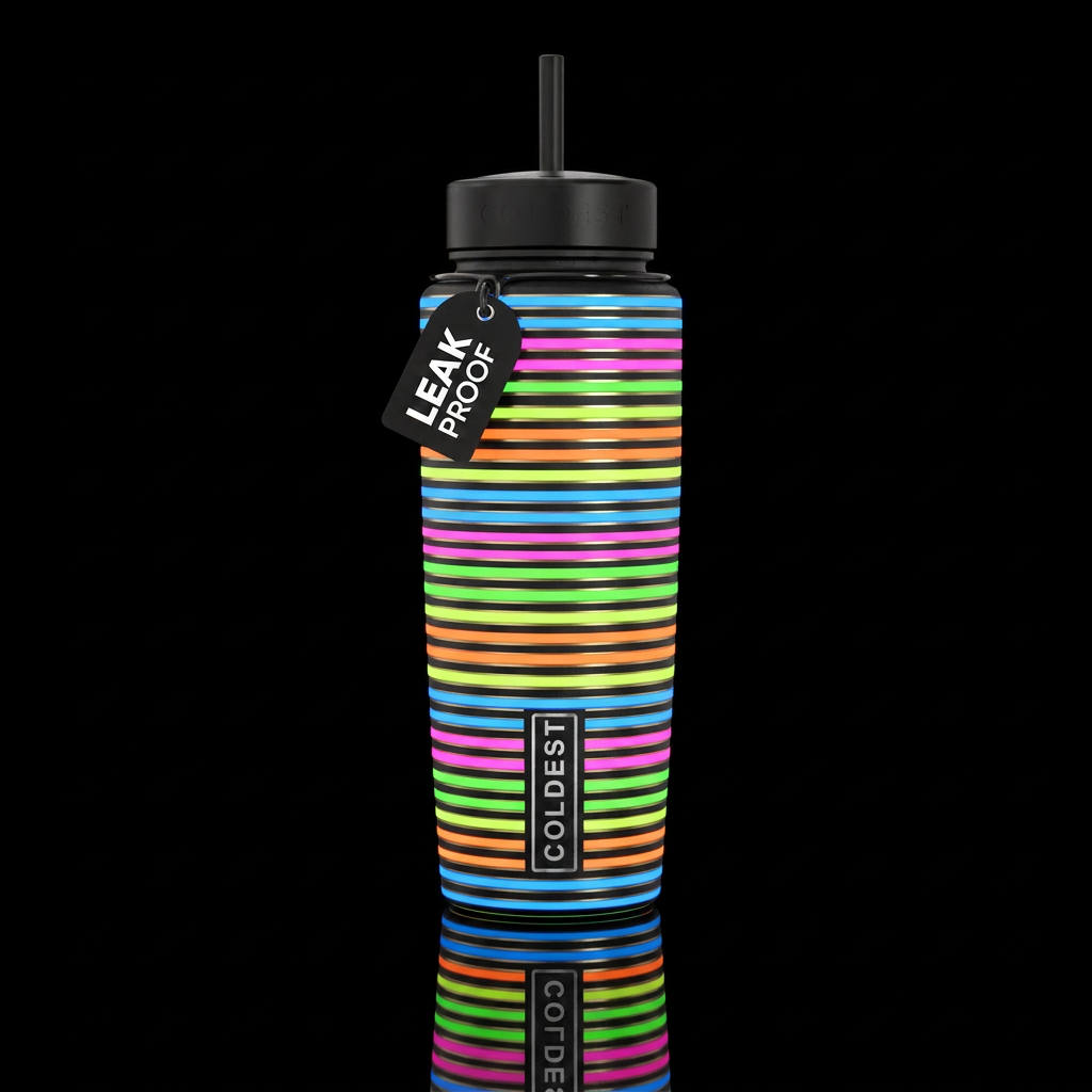 create  lines going all around with all the neon c... water bottle design