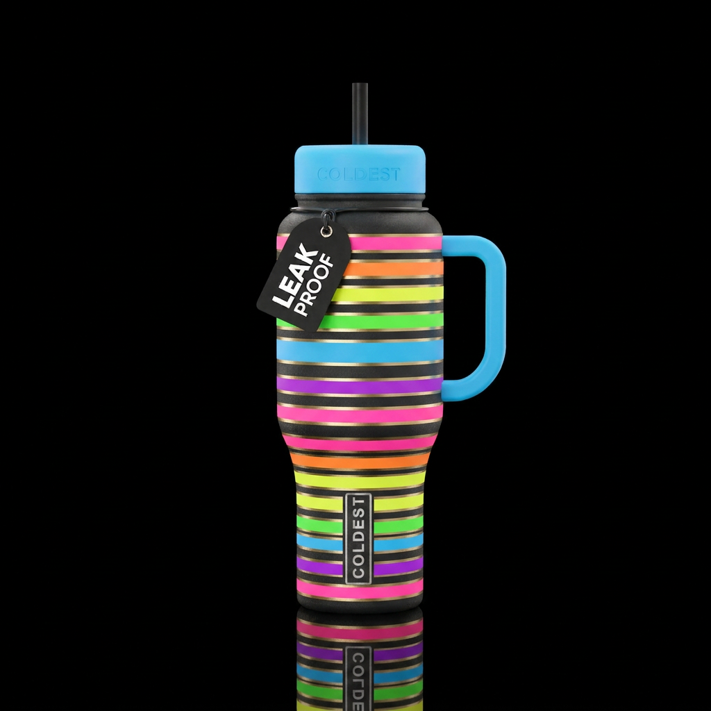 create  lines going all around with all the neon c... water bottle design