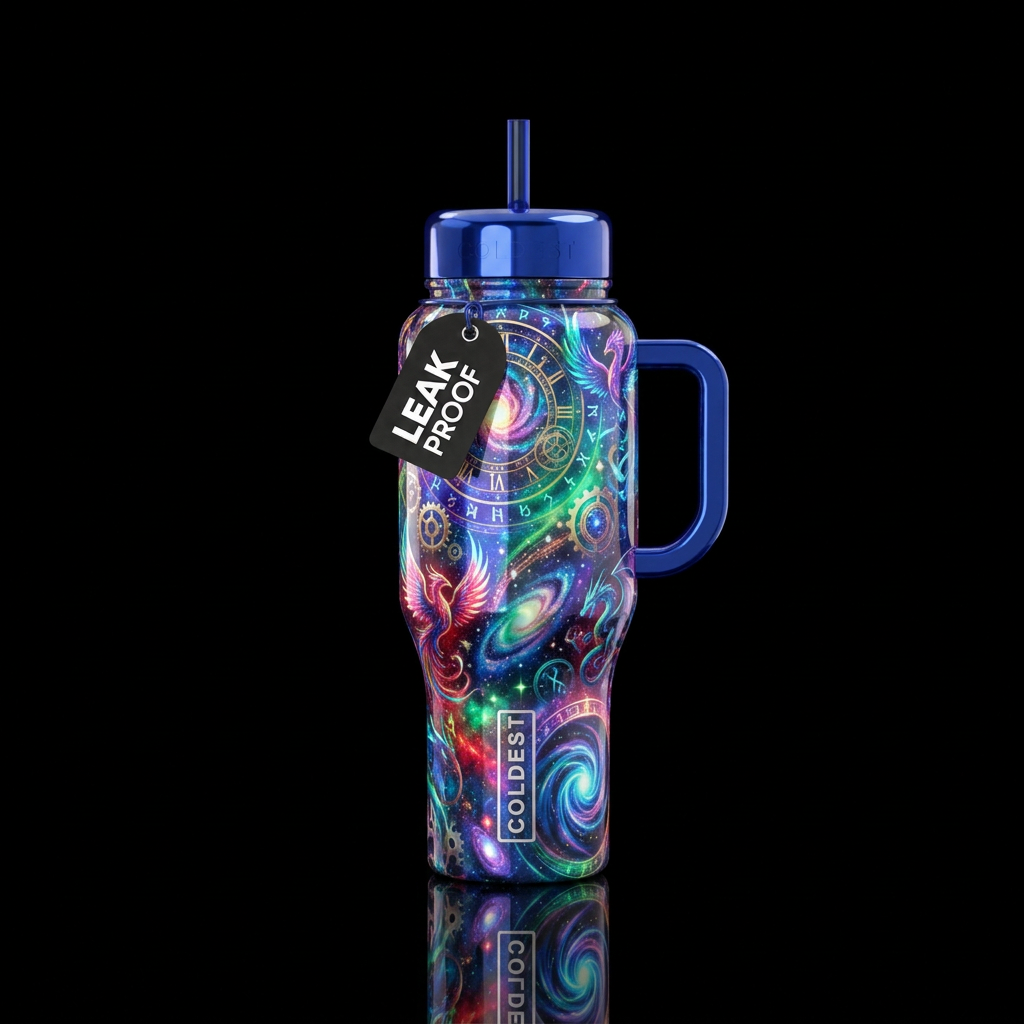 Time travel, magical, shiny water bottle design