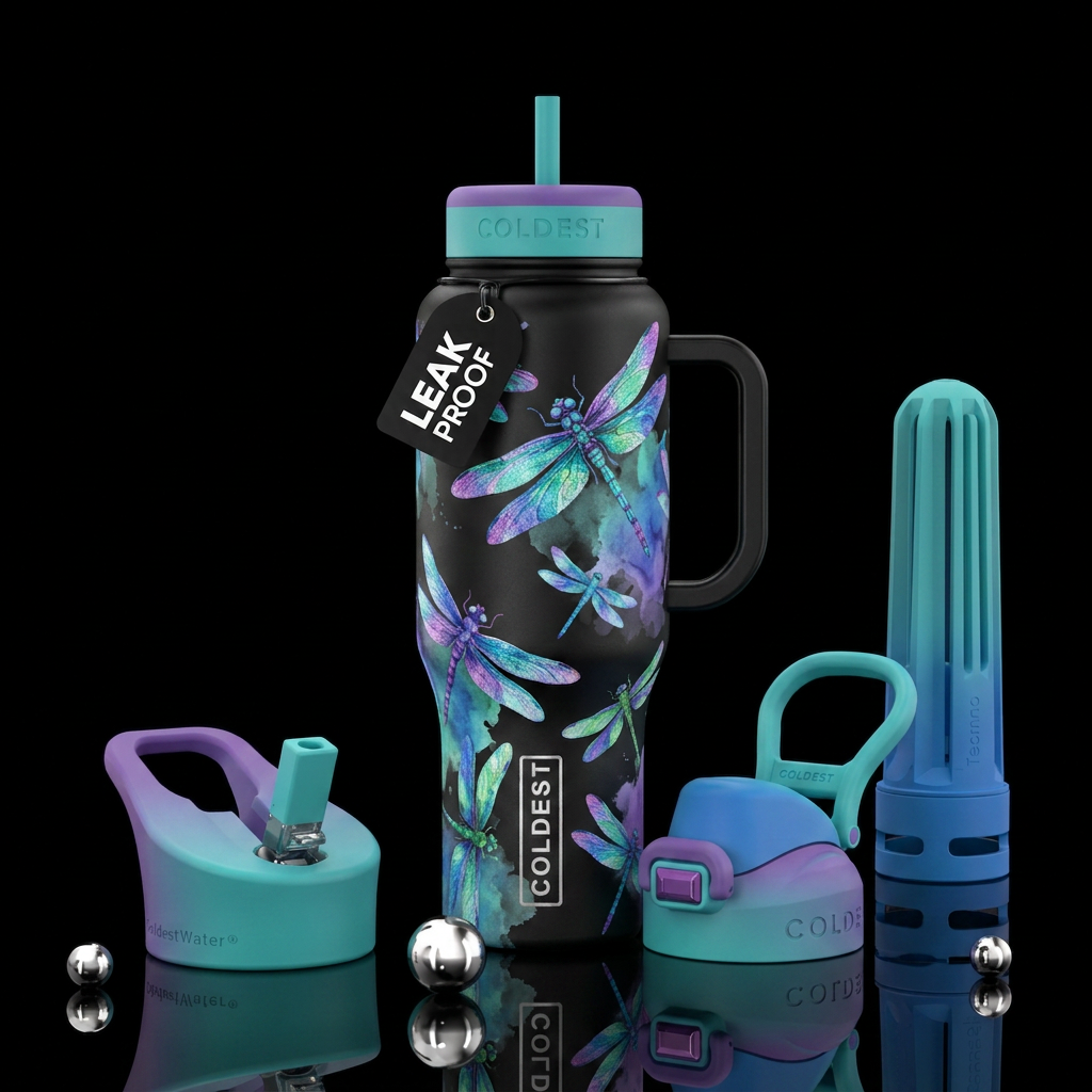 Bright colors, watercolor style different size dra... water bottle design