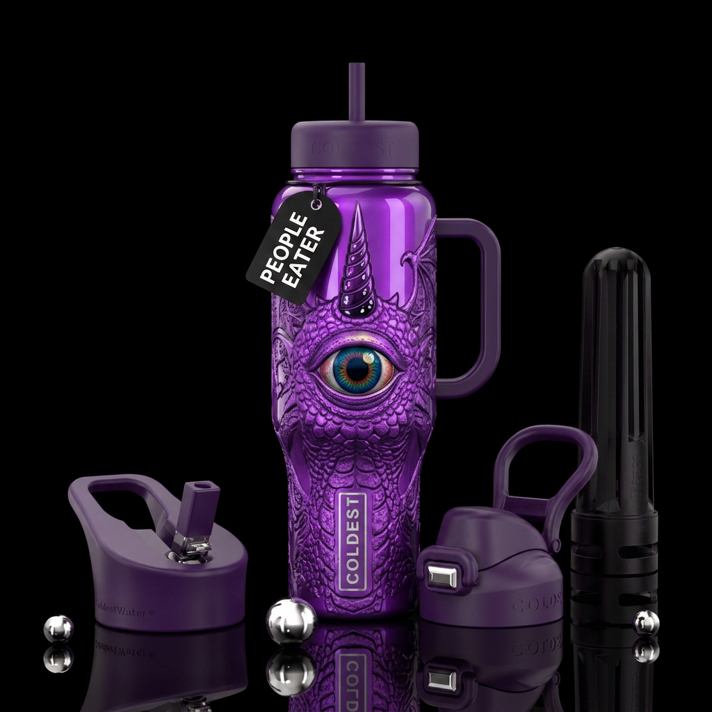 One eye, one horn flying purple people eater water bottle design