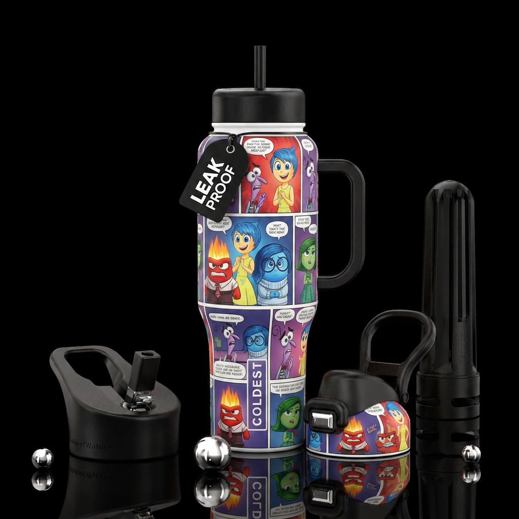 Inside out the movie in a comic book water bottle design