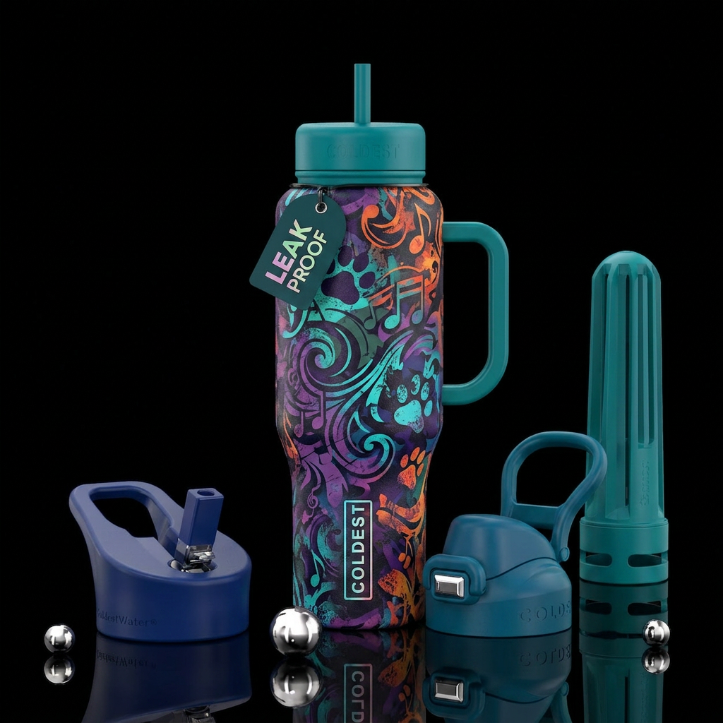 Grunge camouflage swirls music notes, paw print water bottle design