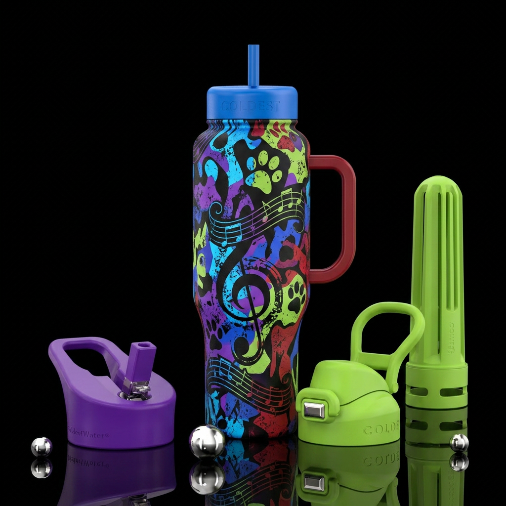 Grunge camouflage swirls music notes, paw print water bottle design