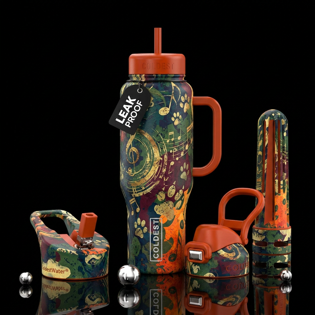 Grunge camouflage swirls music note paw prints water bottle design