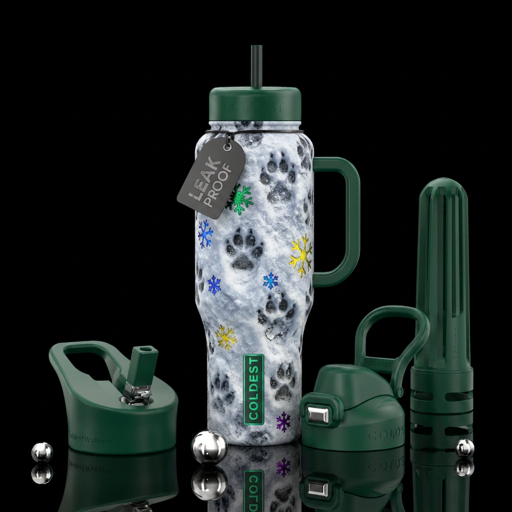 Paw prints in snow water bottle design