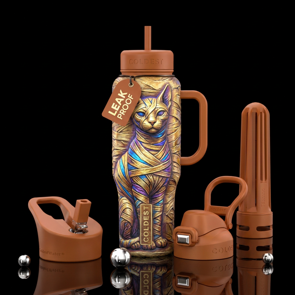 Mummified cat water bottle design