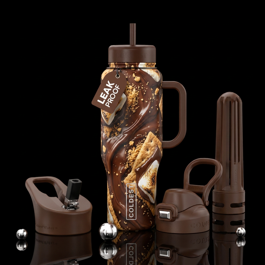 S’mores chocolate, graham crackers marshmallows water bottle design