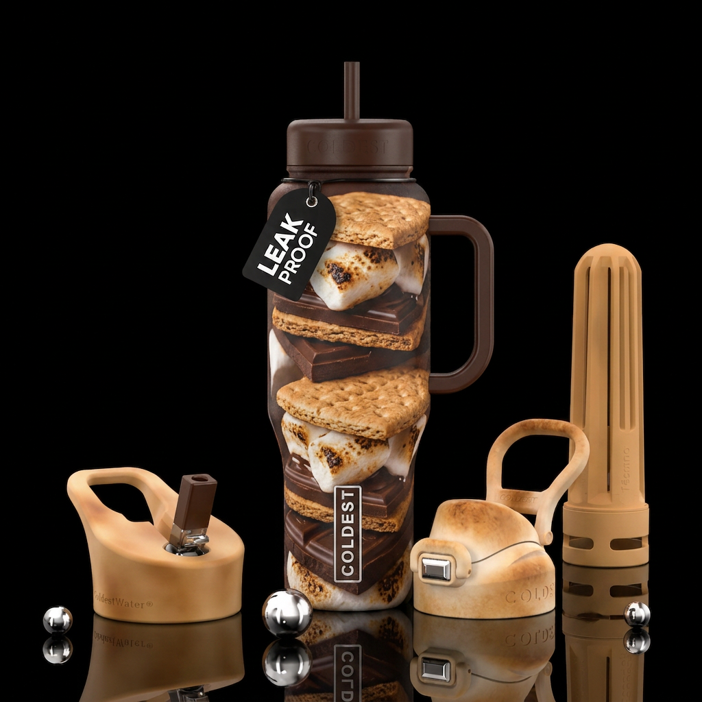 S’mores chocolate, graham crackers marshmallows water bottle design