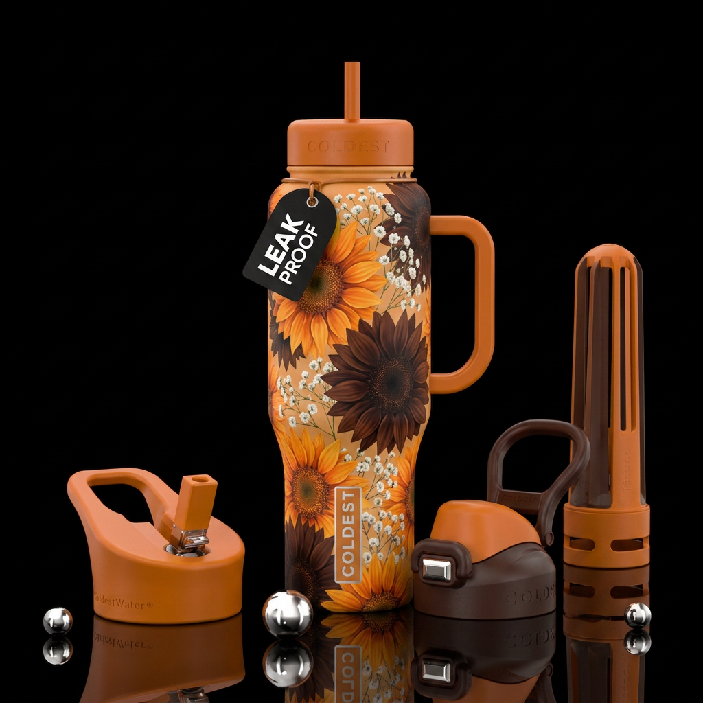 Orange sunflower, chocolate sunflower with babies ... water bottle design