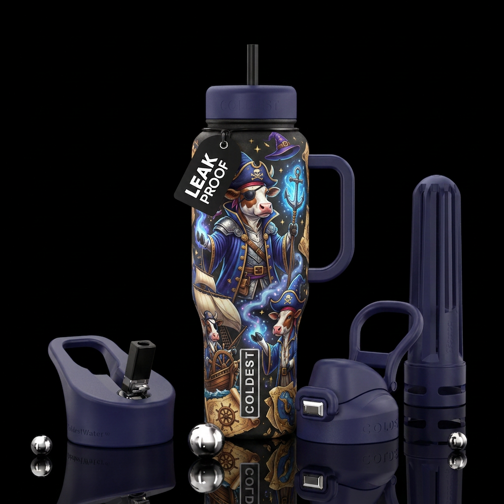 Magical cow part pirate part Wizard water bottle design