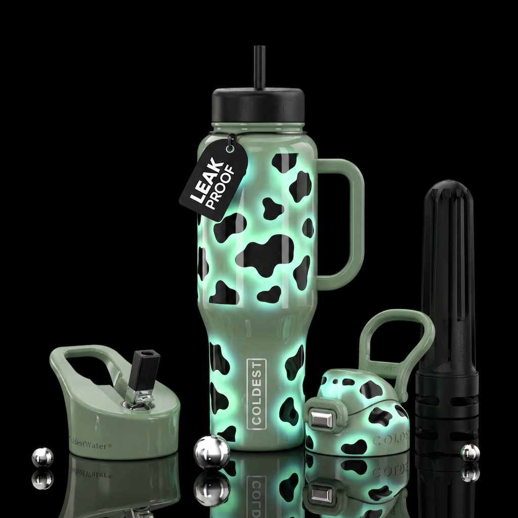 Show both day and night glow in the dark cow print... water bottle design