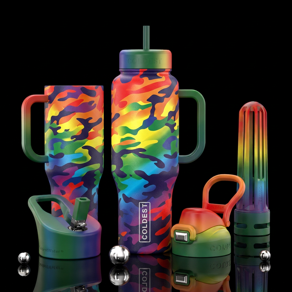 Rainbow camouflage water bottle design