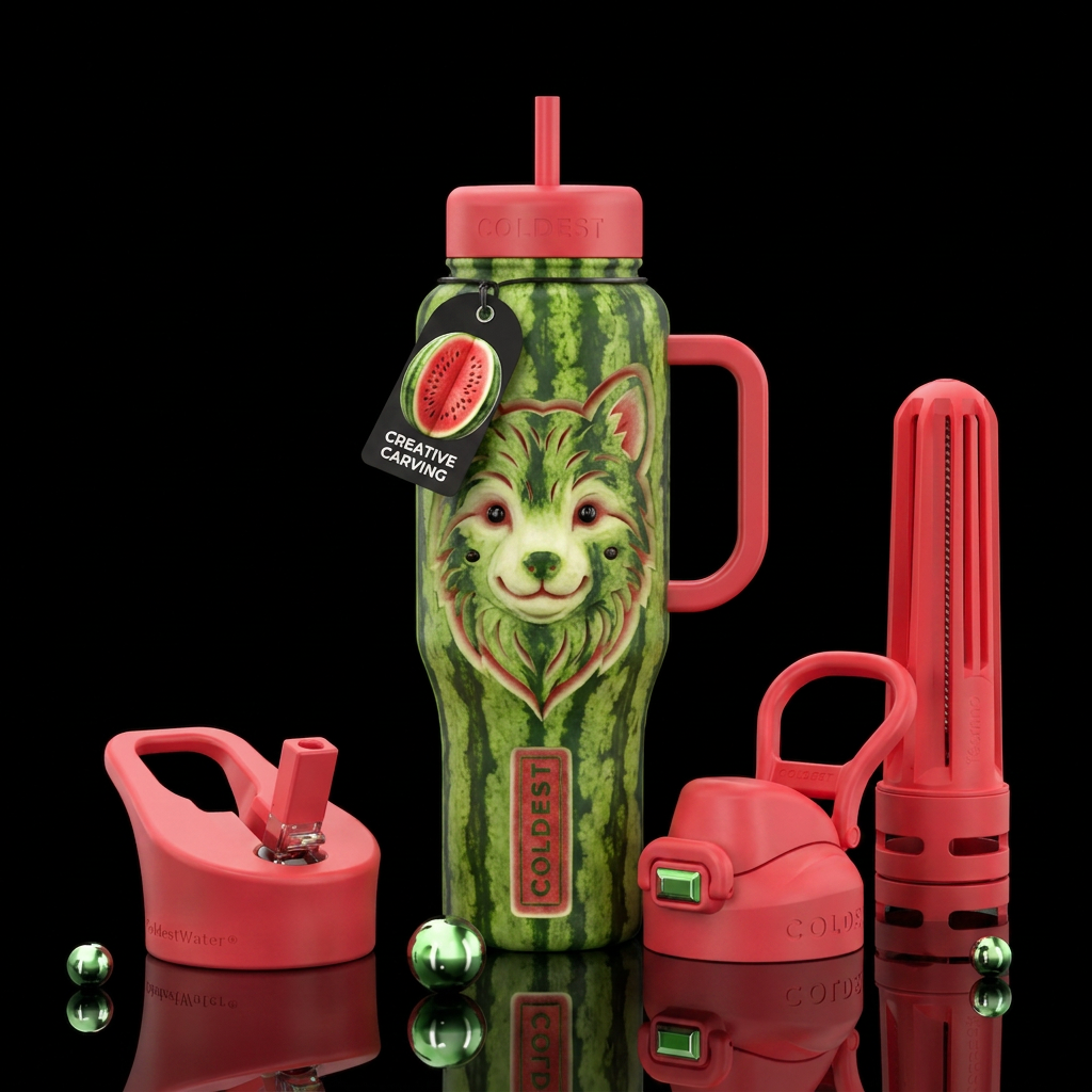 Watermelon with an animal face carved in it water bottle design