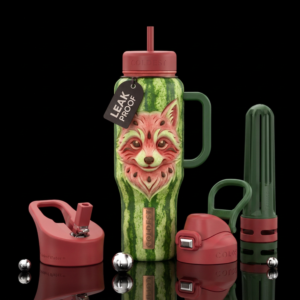 Watermelon with an animal face carved in it water bottle design