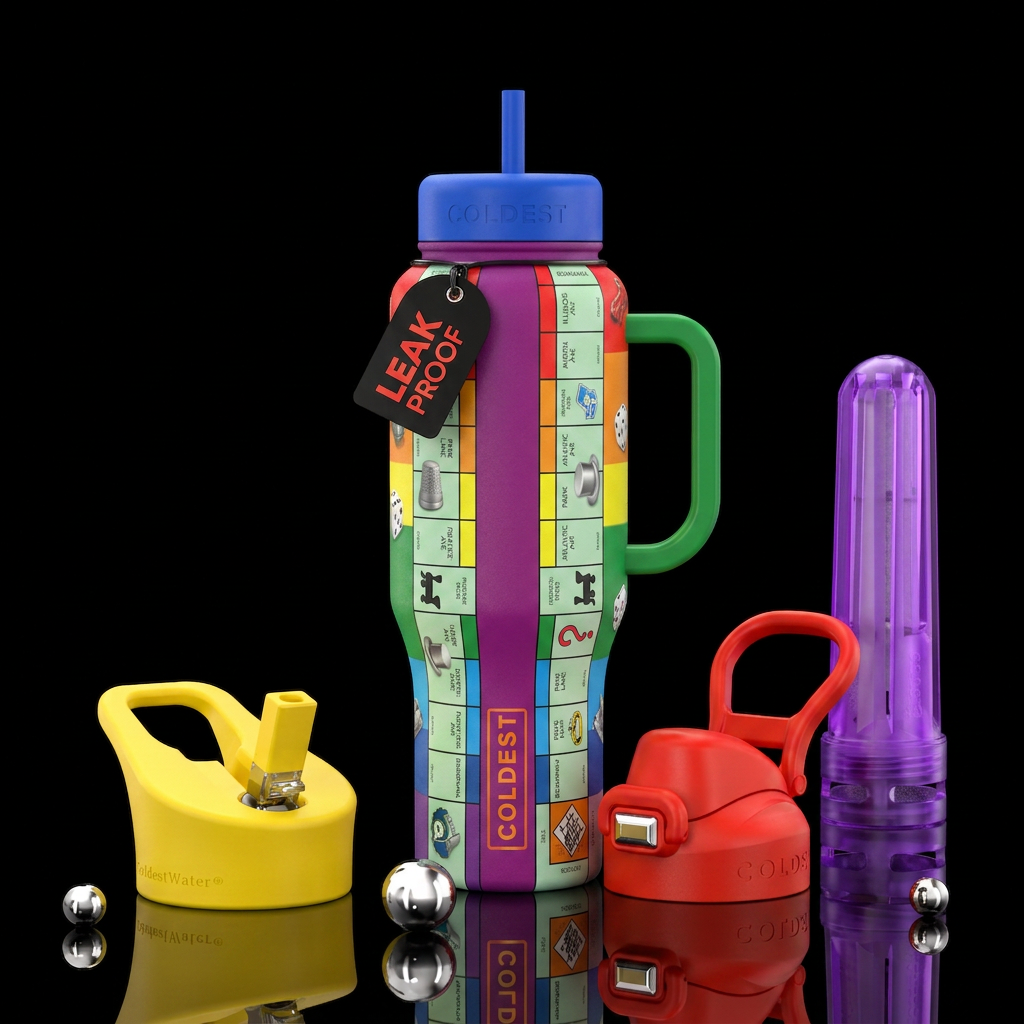 Monopoly rainbow bright theme water bottle design