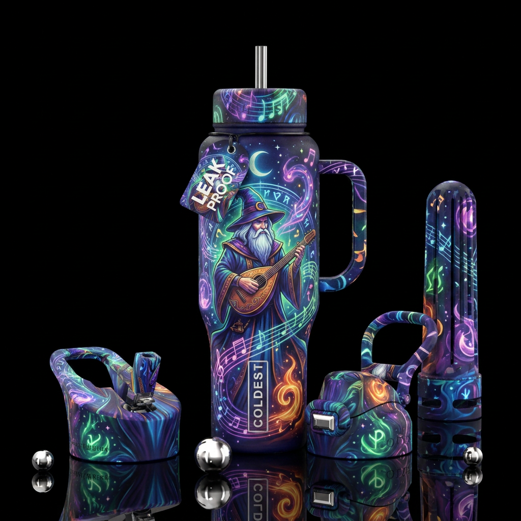 music, wizard, magic, vibrant water bottle design