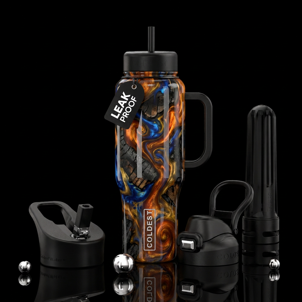 Charred wood resin swirls  orange and blue and yel... water bottle design