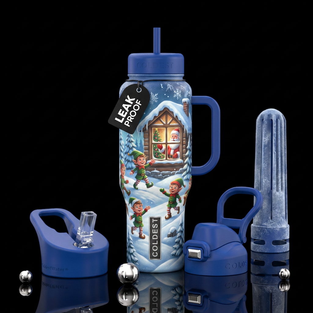 The elf’s playing in the snow Santa watching from ... water bottle design