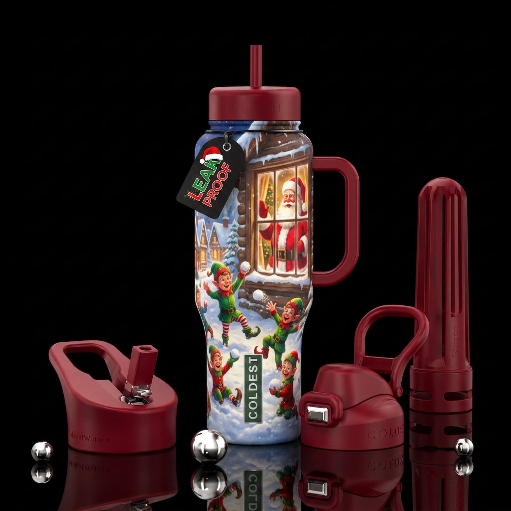 The elf’s playing in the snow Santa watching from ... water bottle design