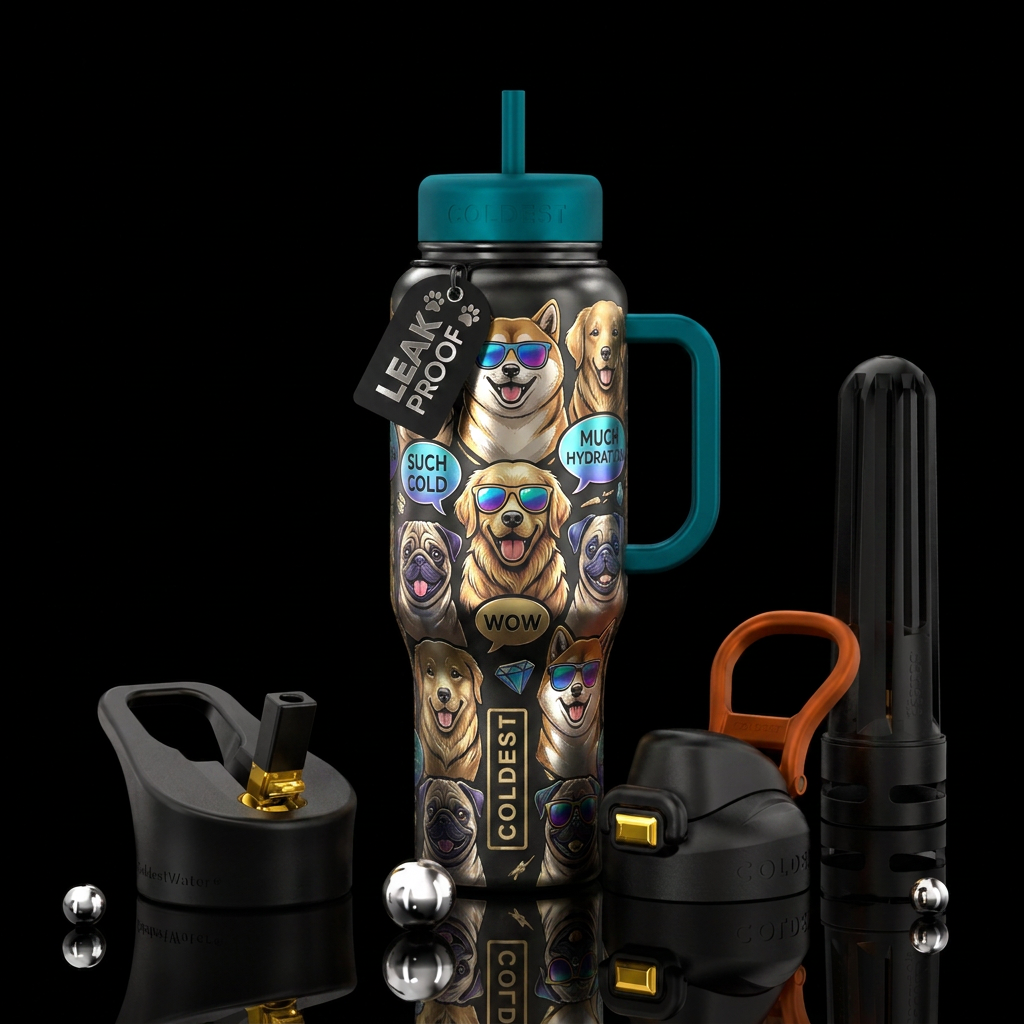 metallic, meme, dog water bottle design