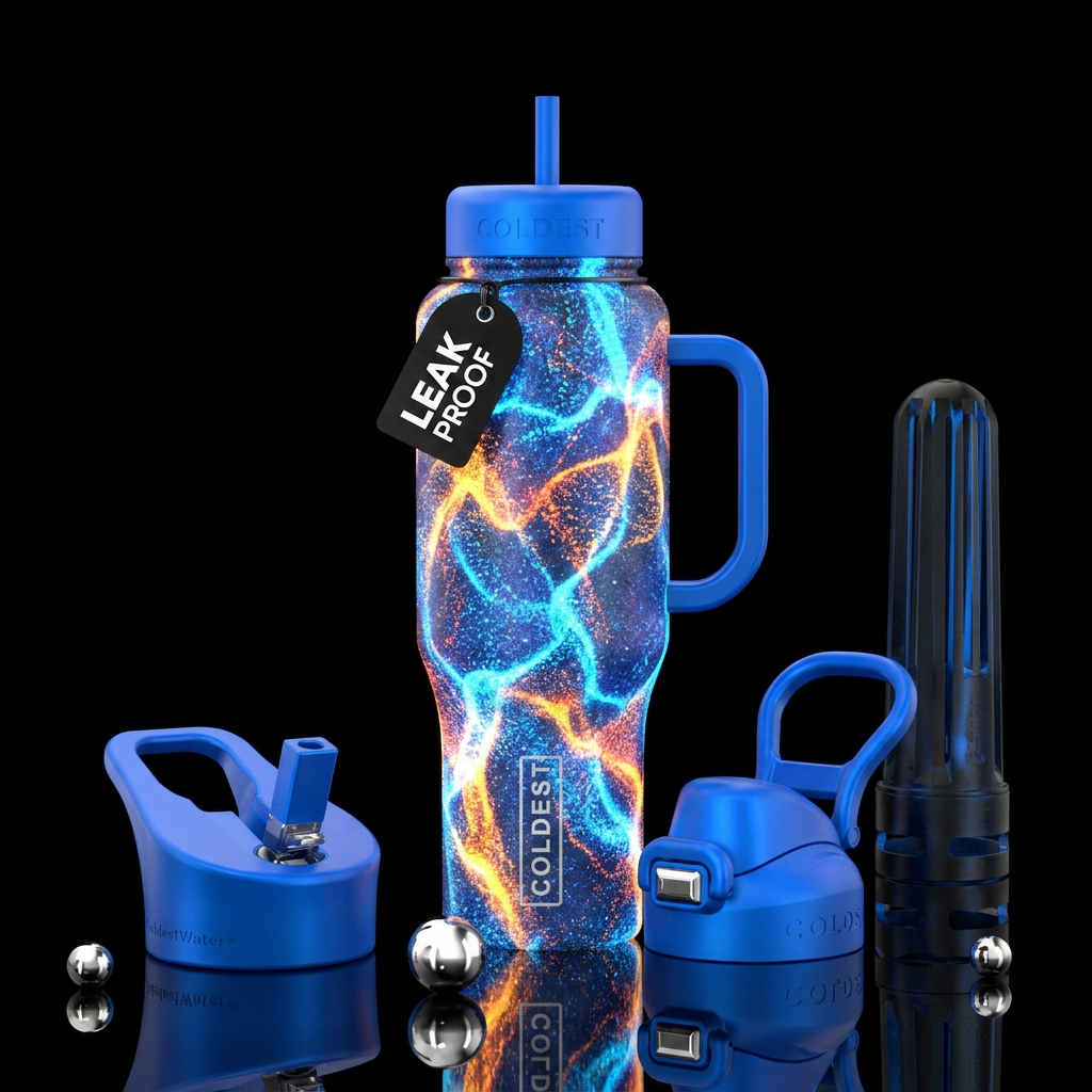 glowie, sparkly blue and orange and yellow water bottle design