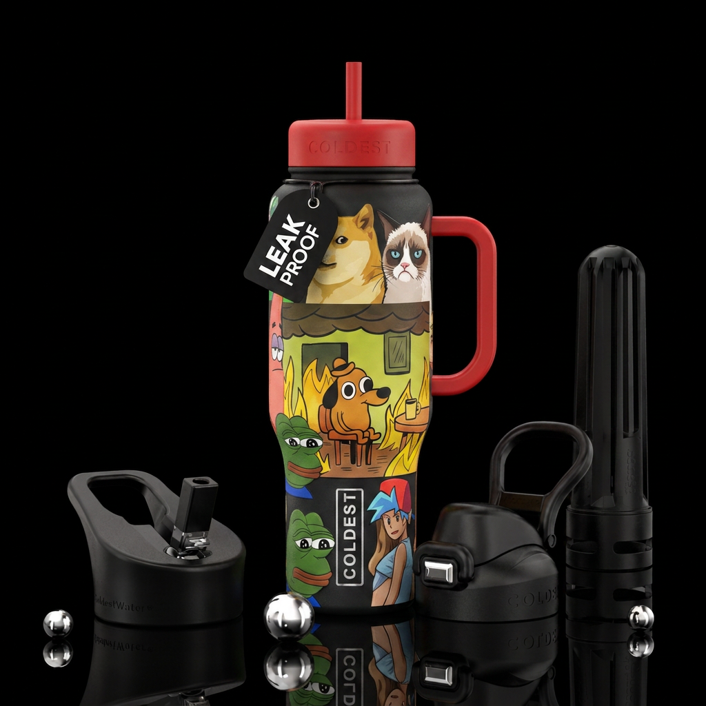cartoon, meme water bottle design