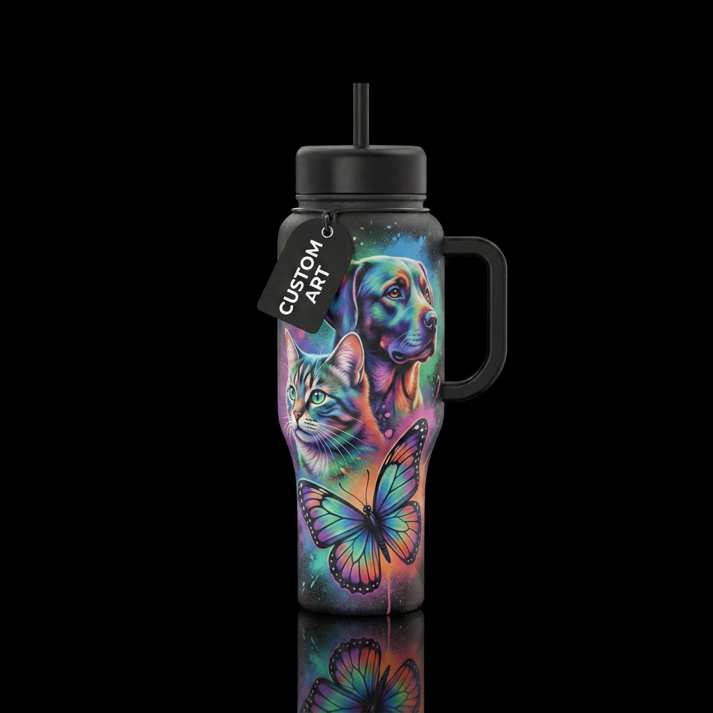 spray painted, cat, dog, butterfly water bottle design