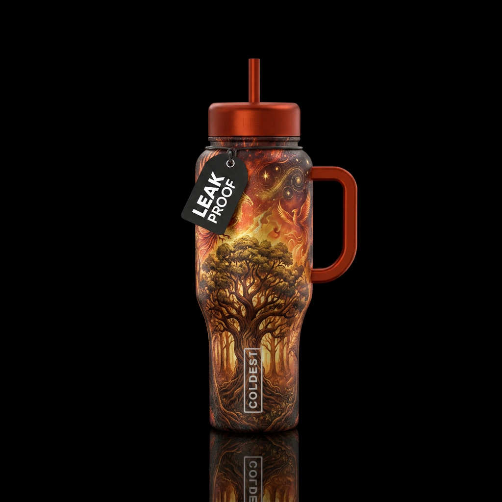 trees, firery,, mythical water bottle design