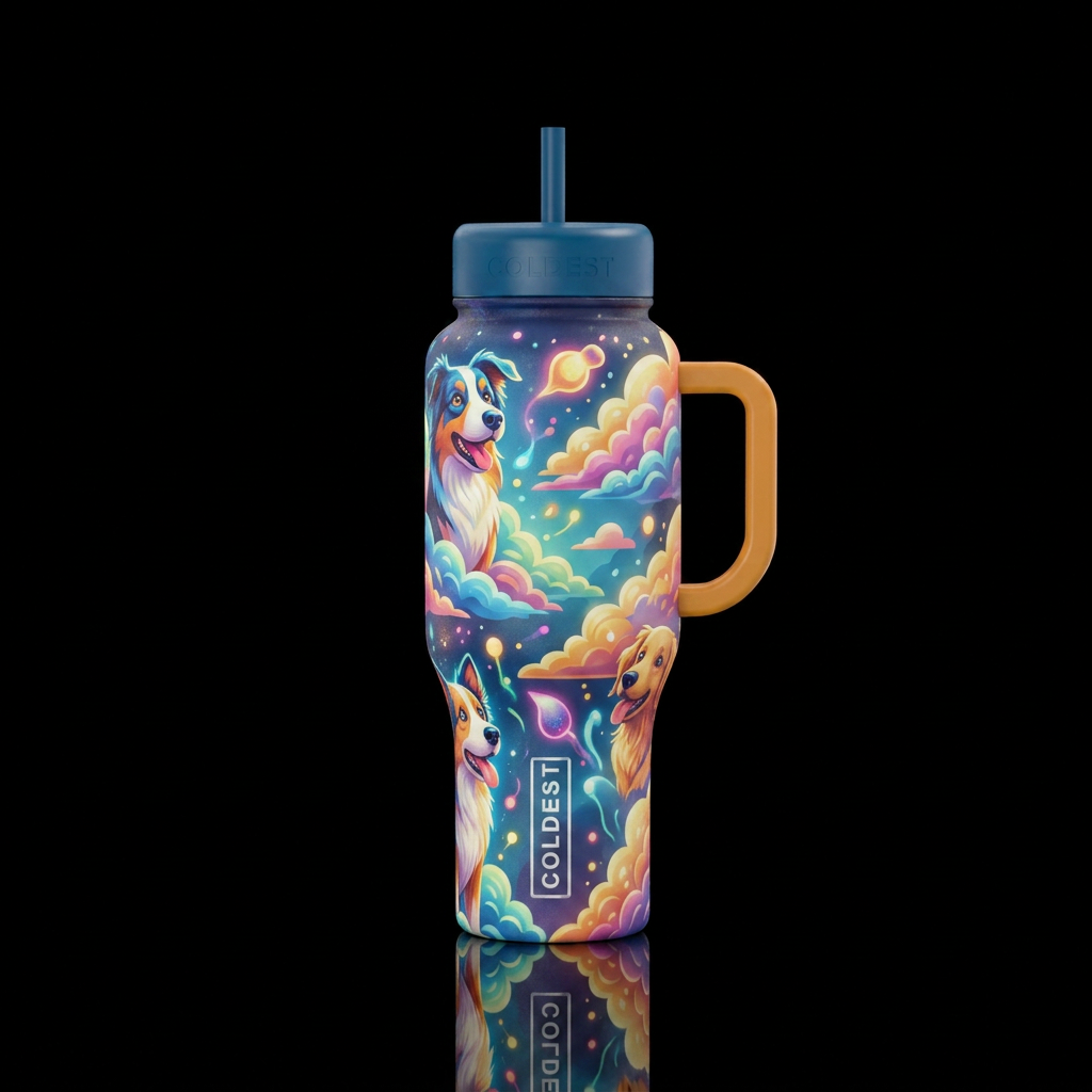 dog, clouds, glowie water bottle design