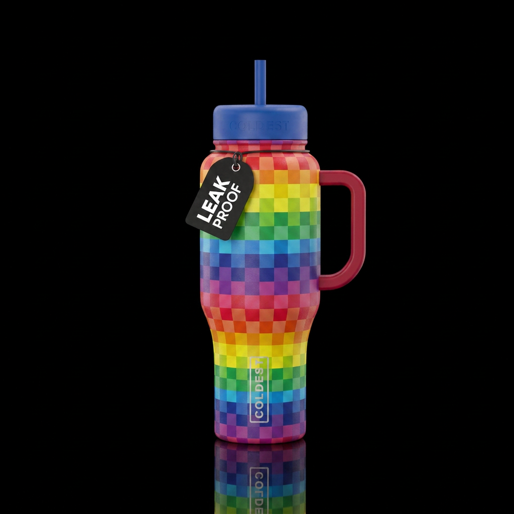 Rainbow checkered water bottle design
