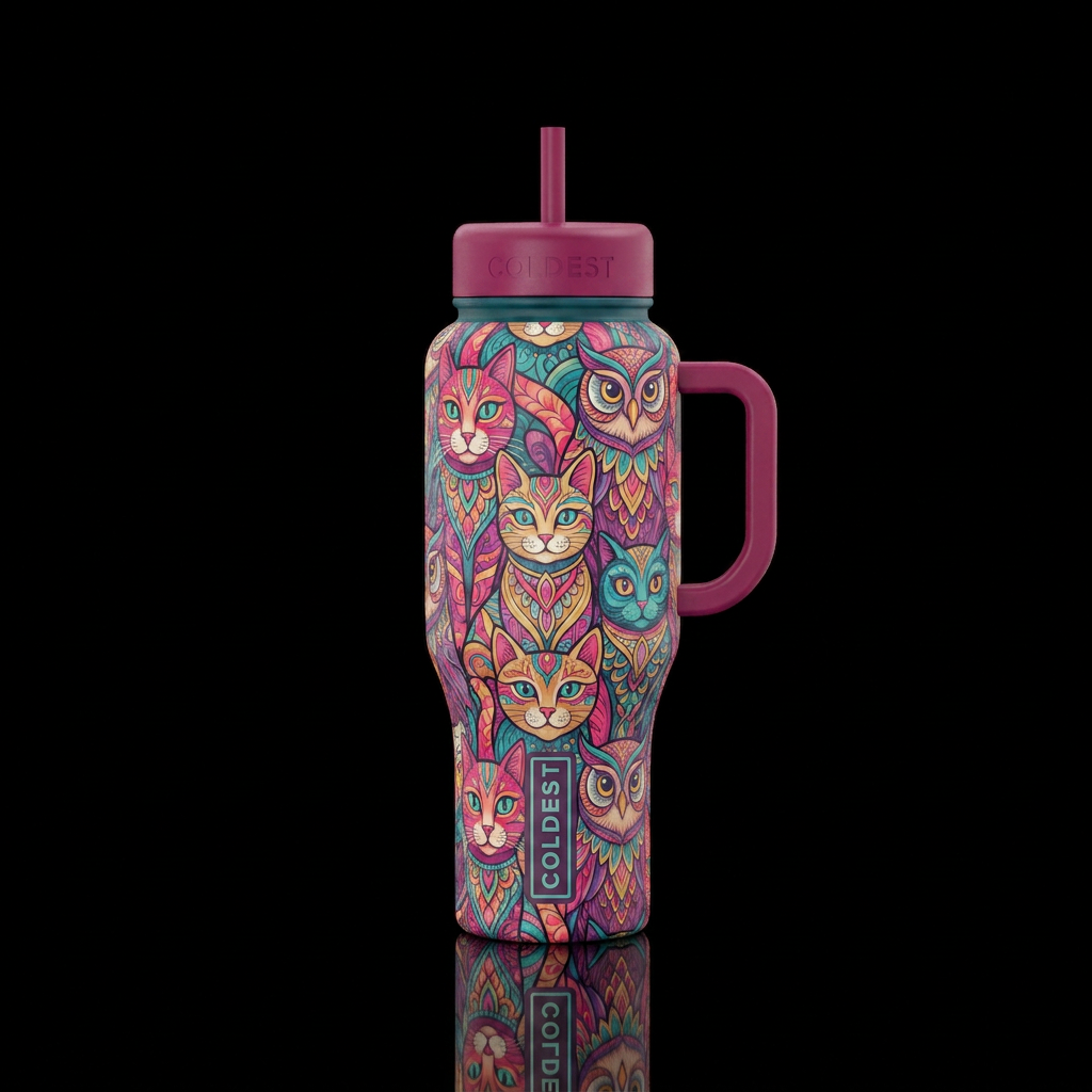 Very Rare art design bright colors cats  owls water bottle design
