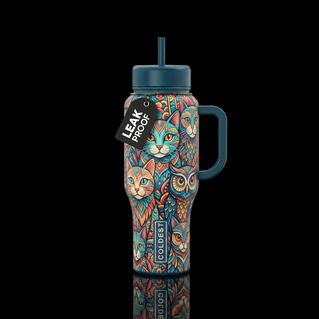 Very Rare art design bright colors cats  owls water bottle design