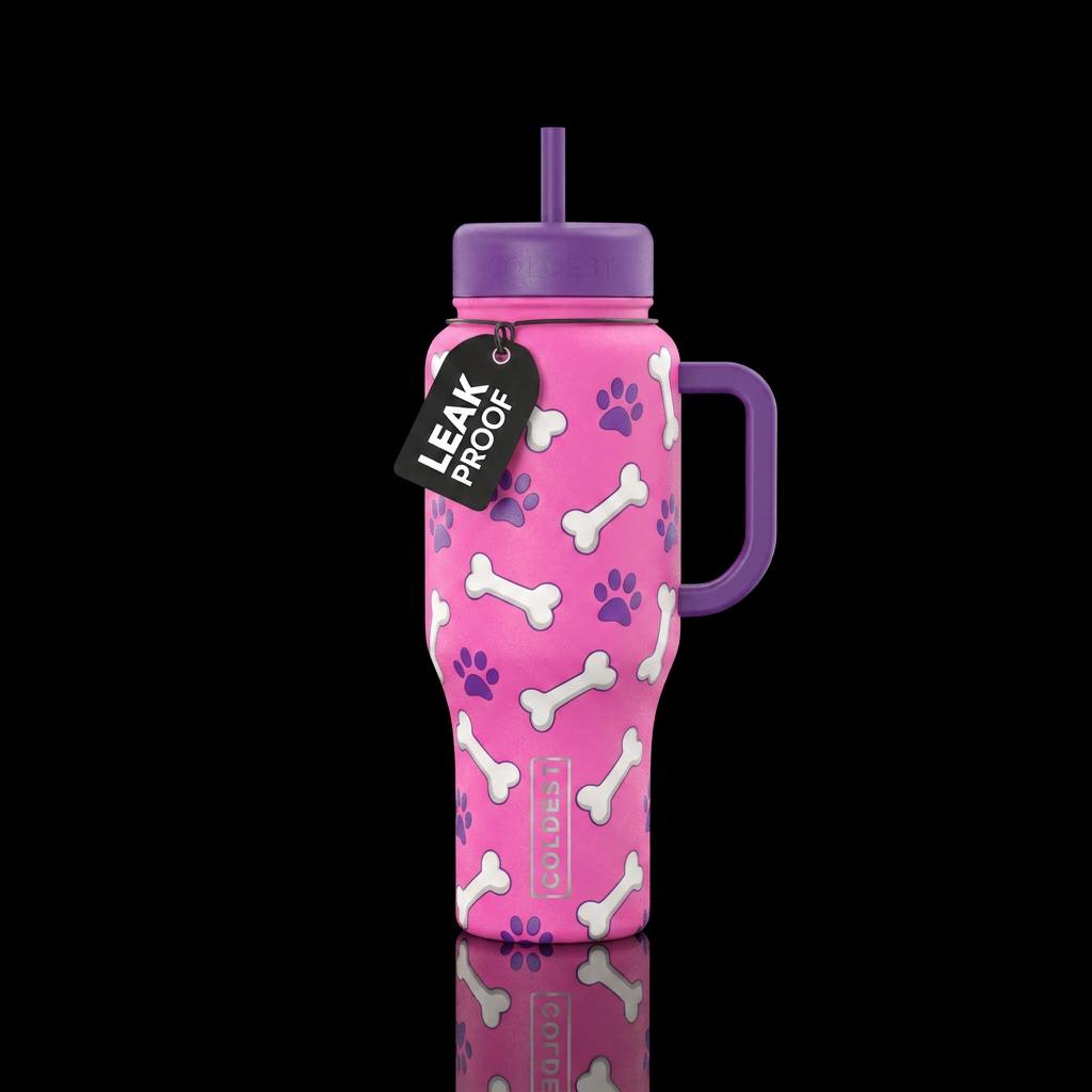 Cup color bright Pink , white dog bones ,  purple ... water bottle design