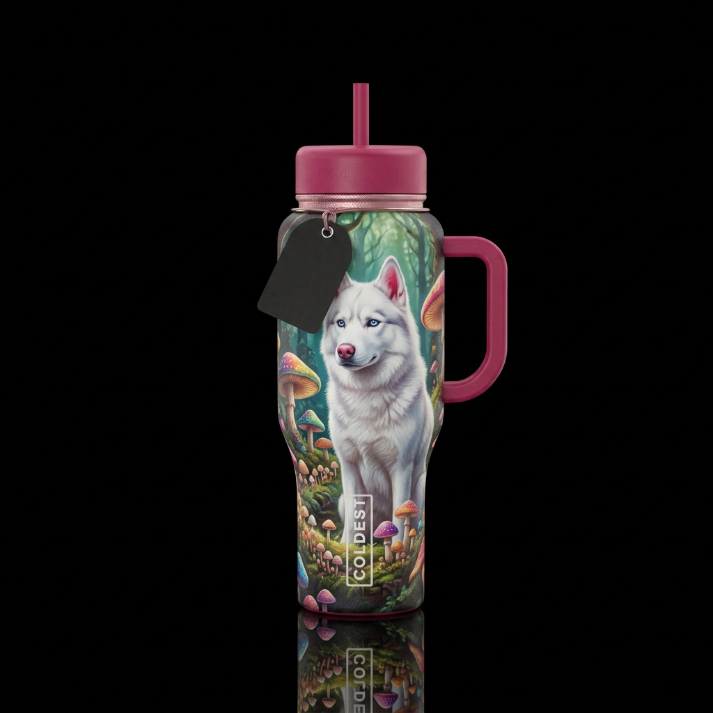 fairy ring ,  mushroom , white Siberian Husky with... water bottle design