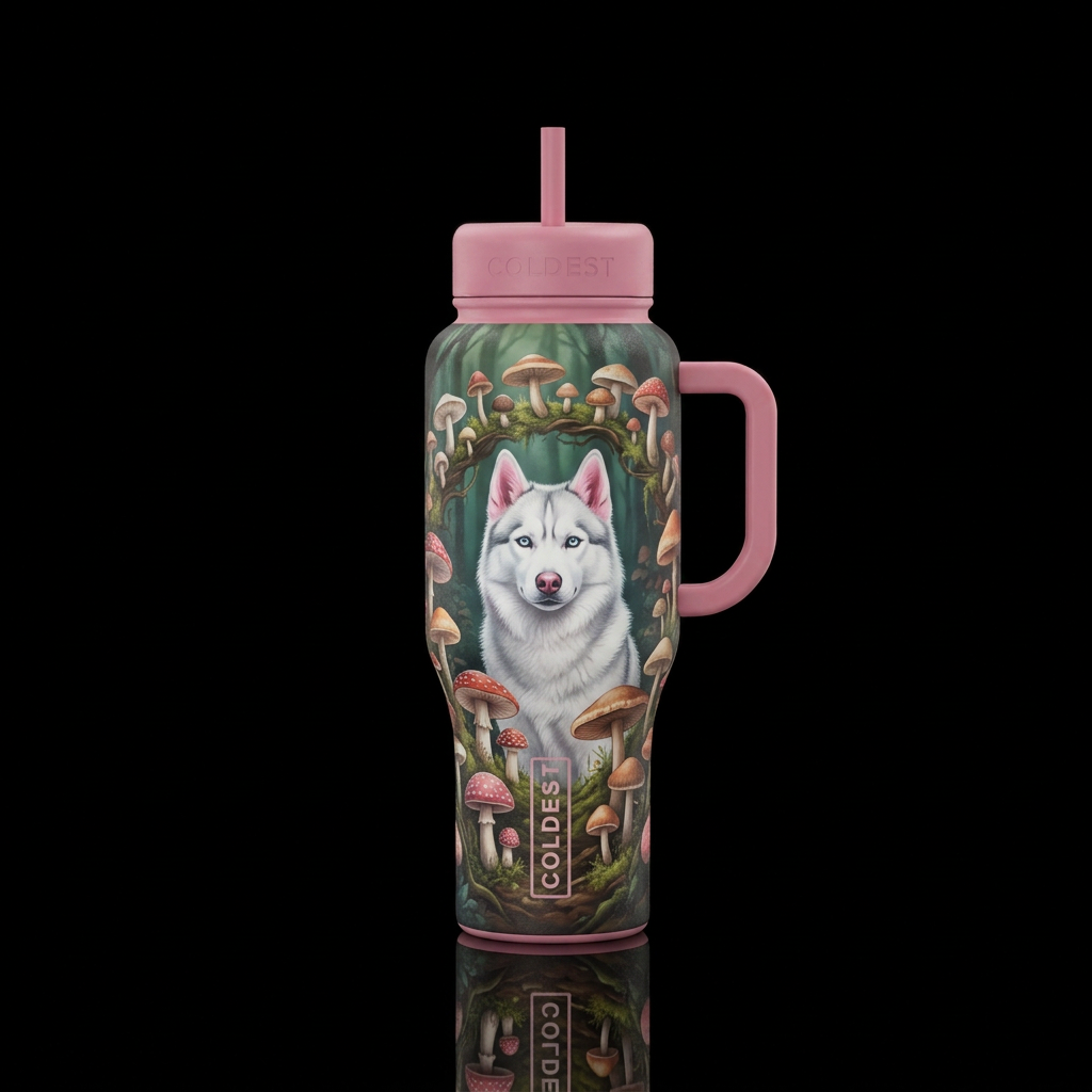 fairy ring ,  mushroom , white Siberian Husky with... water bottle design