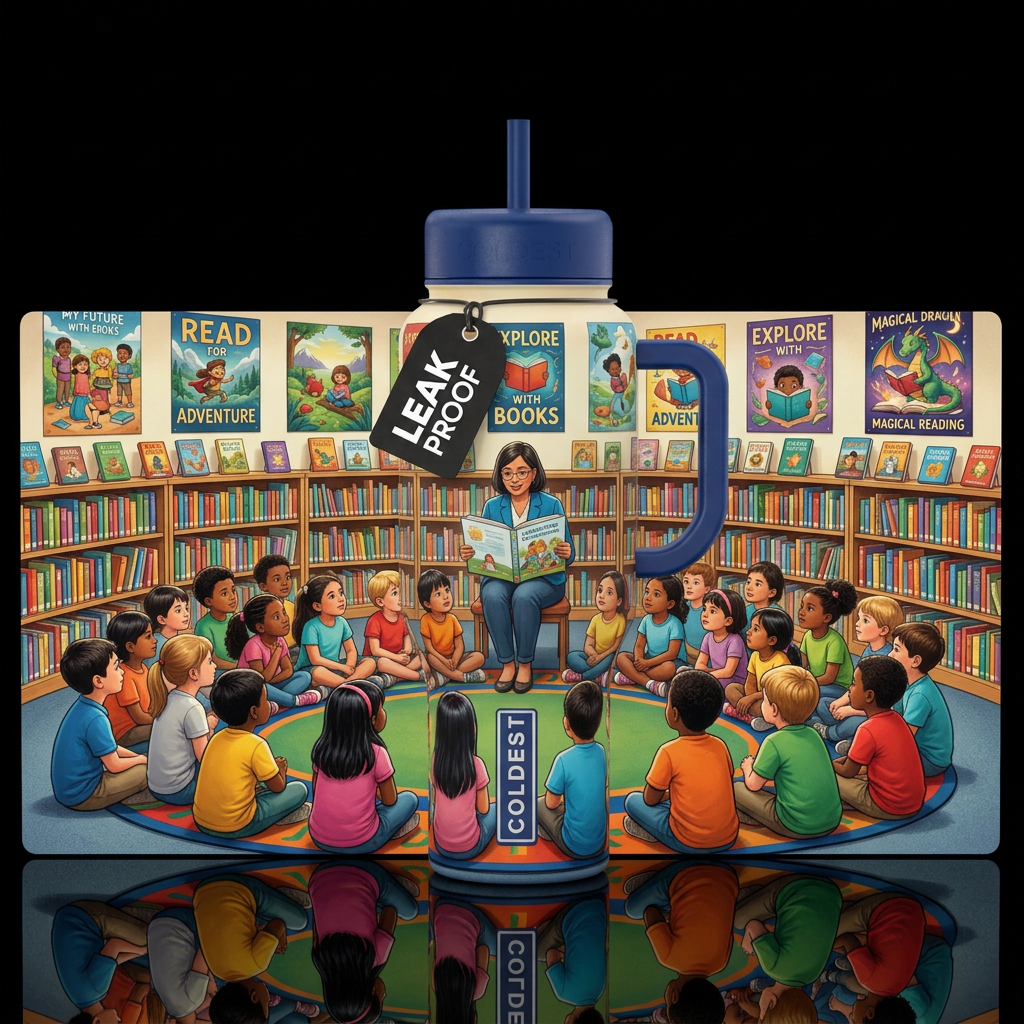 Story-time kids all around listening to someone re... water bottle design
