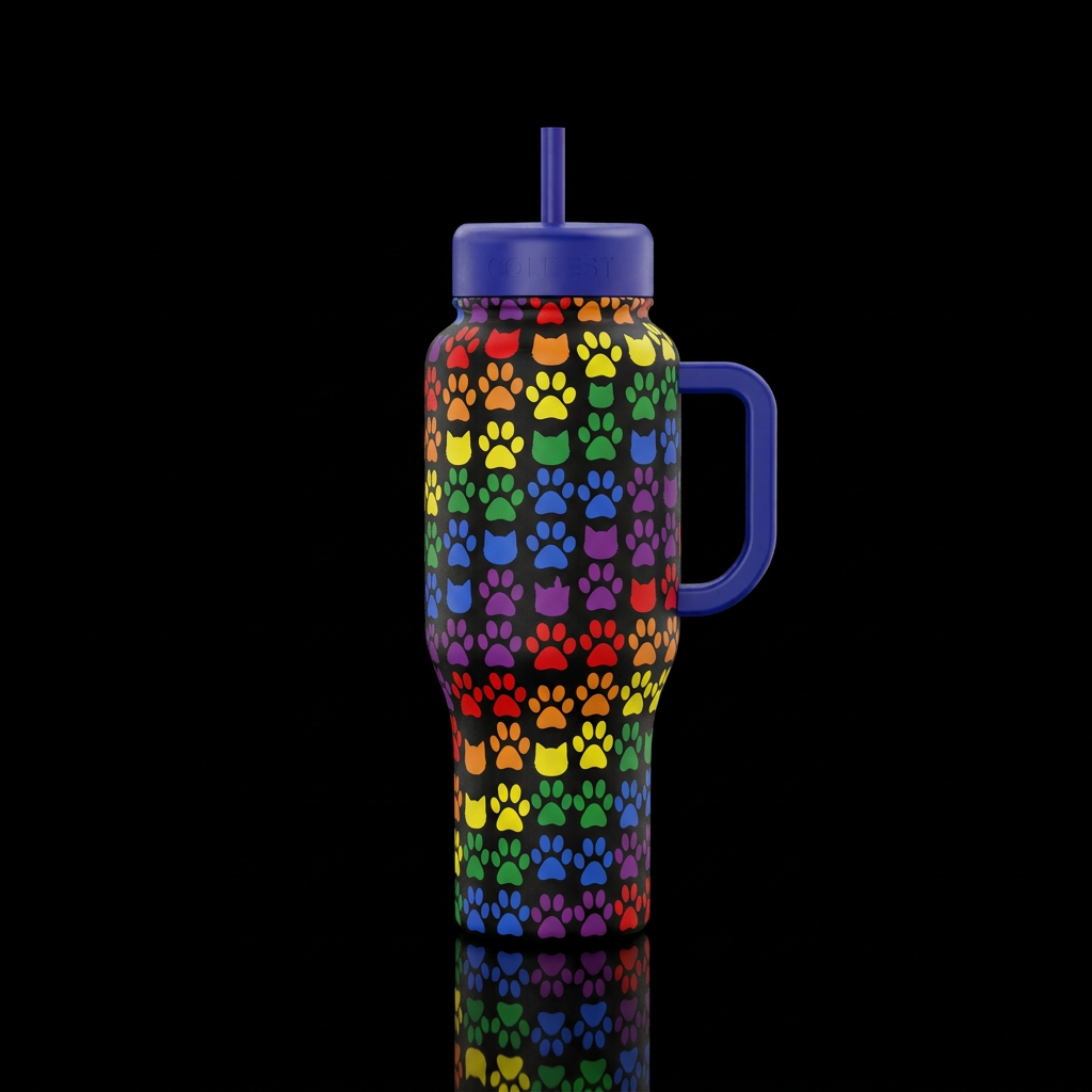 Cat and dog paw prints in rainbow water bottle design