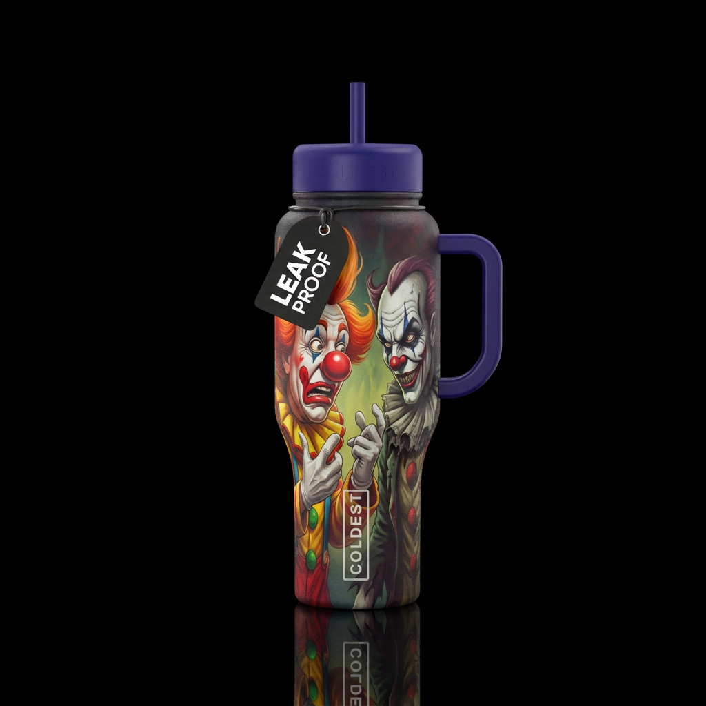 A funny clown arguing with a creepy clown water bottle design