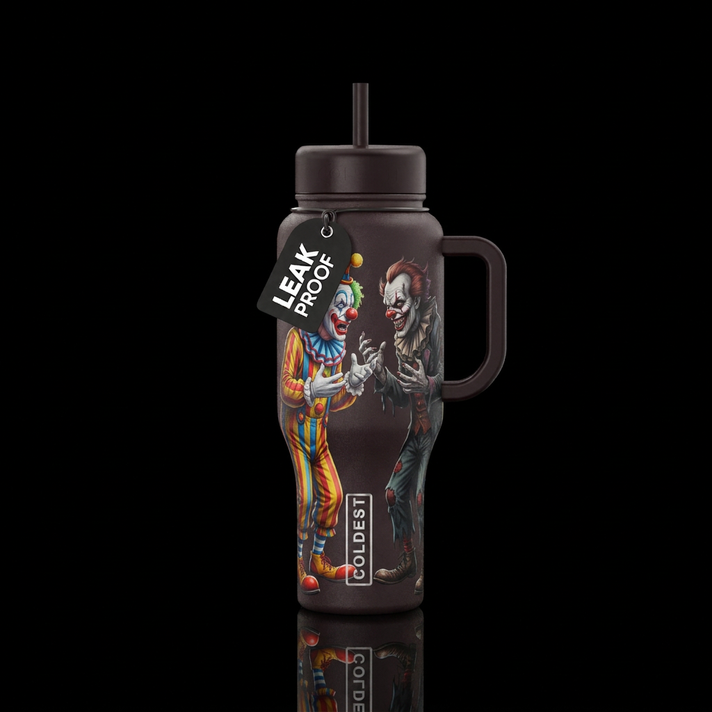 A funny clown arguing with a creepy clown water bottle design