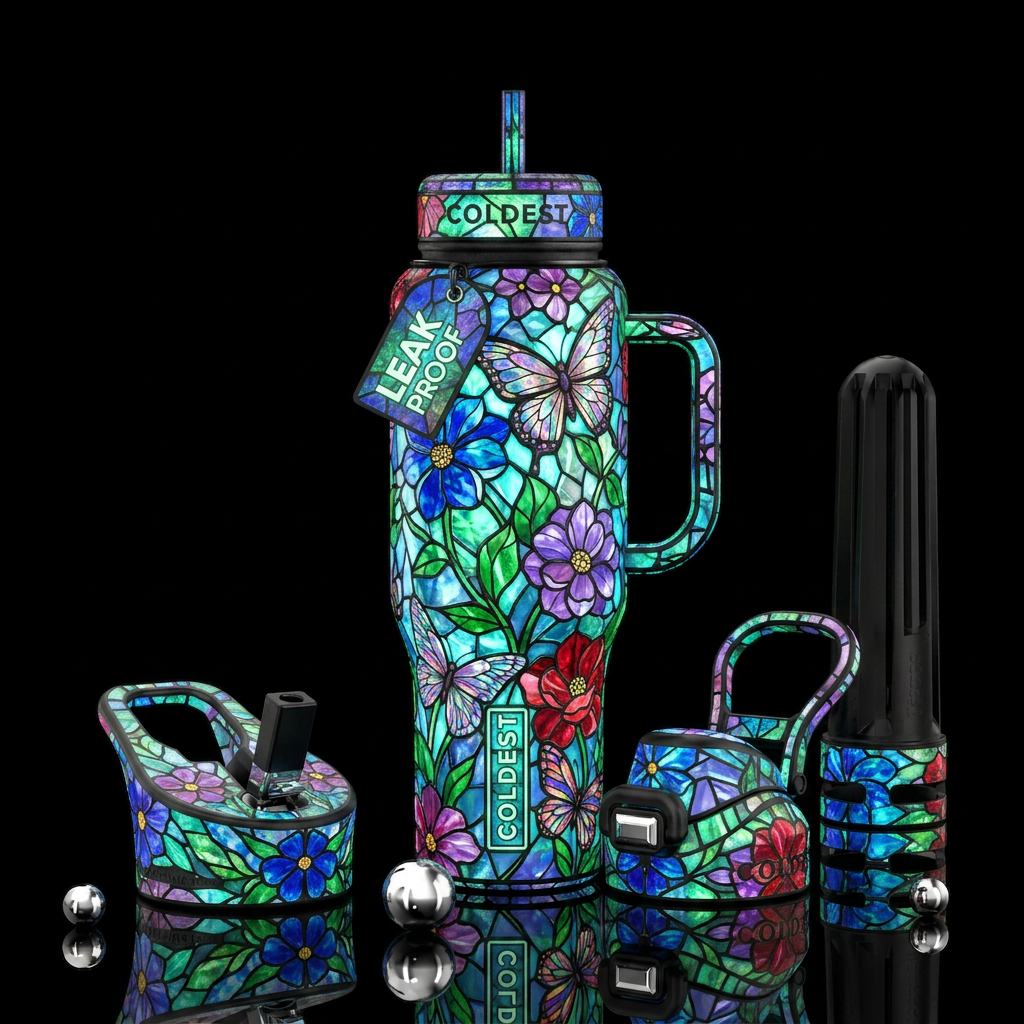 glow in the dark, stained glass, flowers and butte... water bottle design