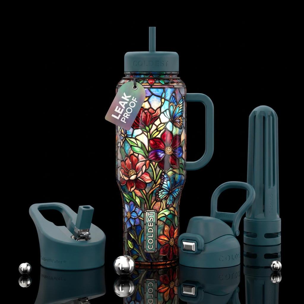 glow in the dark, stained glass, flowers and butte... water bottle design