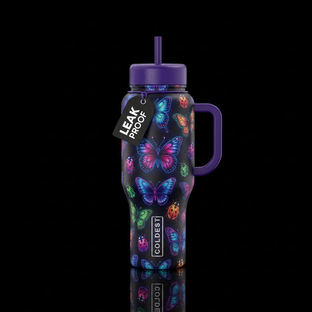 glowie butterfly and lady bugs water bottle design