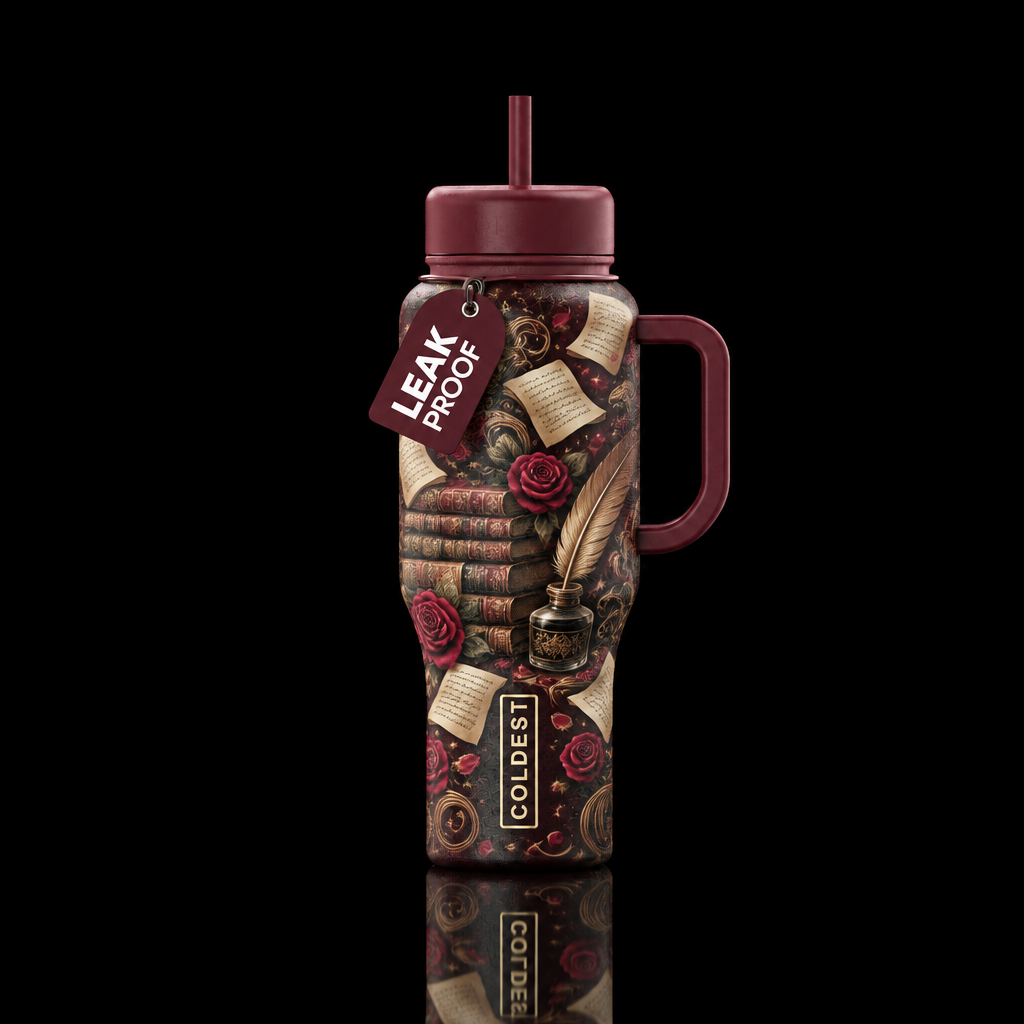 Books, roses swirls, floating pages, quill and ink... water bottle design