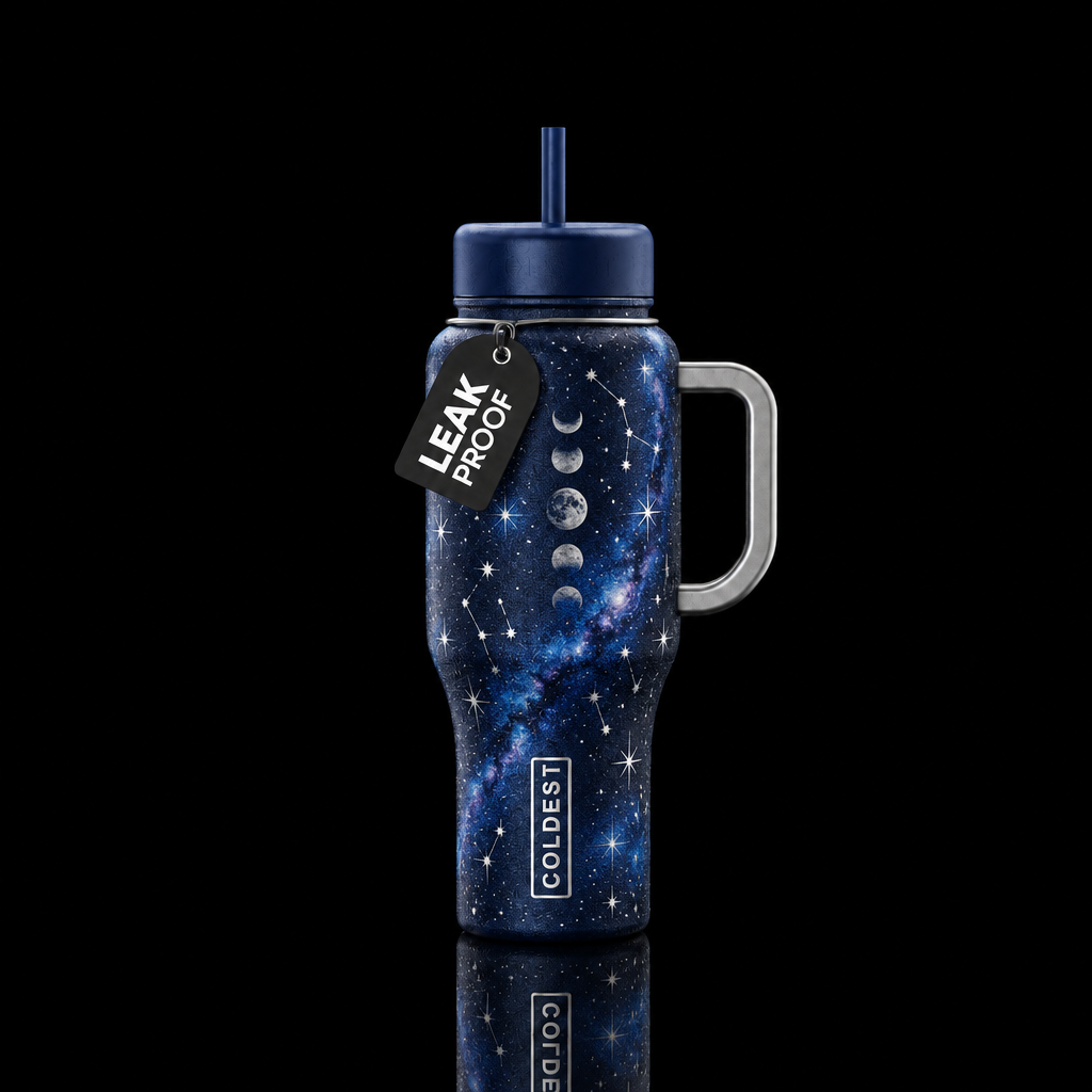 Constellations, moon phases, scattered stars, mete... water bottle design