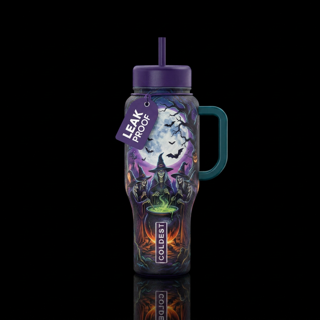 witch coven around a cauldron with a full moon in ... water bottle design