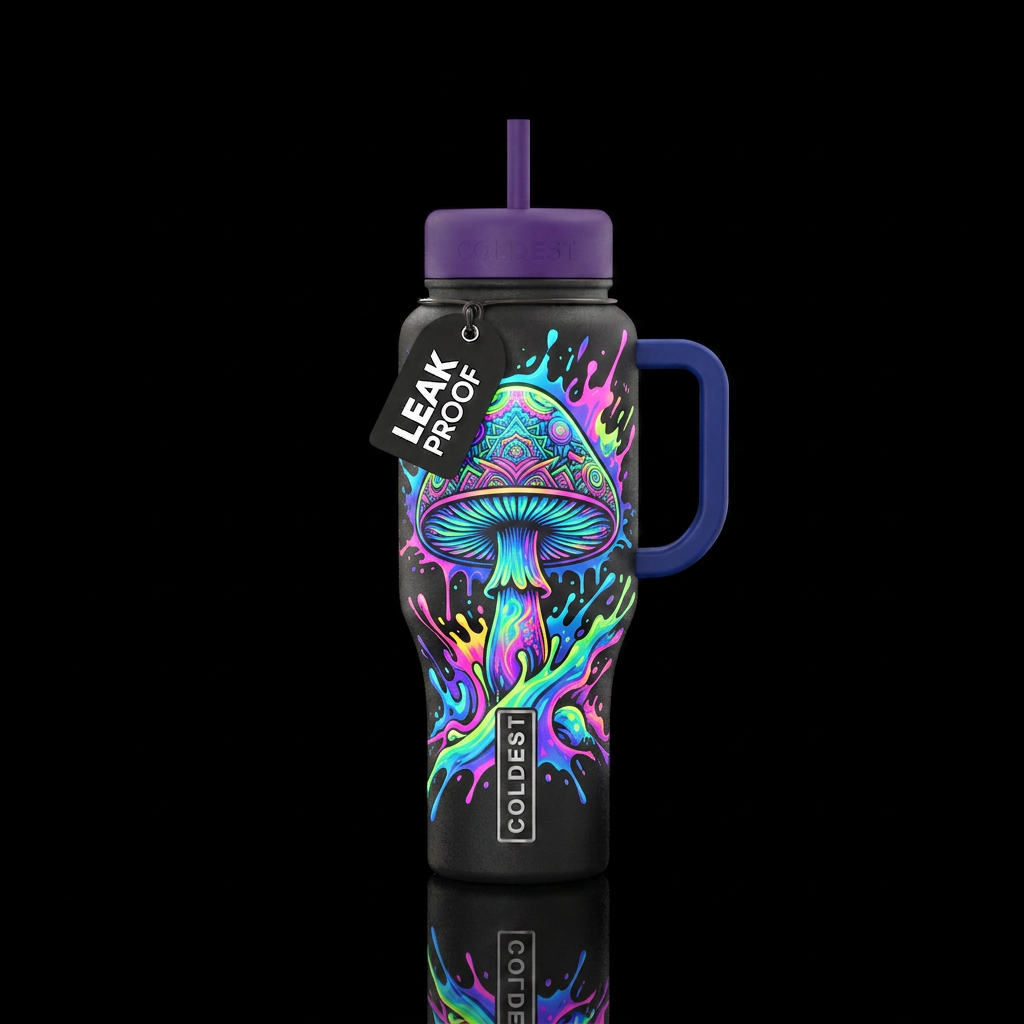 Psychedelic Mushroom with paint splashes in neon b... water bottle design