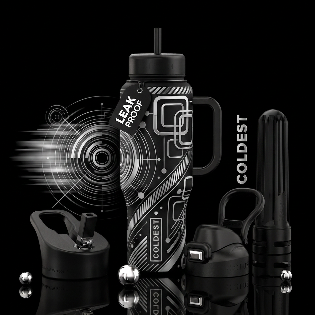 An abstract, high-tech technical blueprint pattern... water bottle design