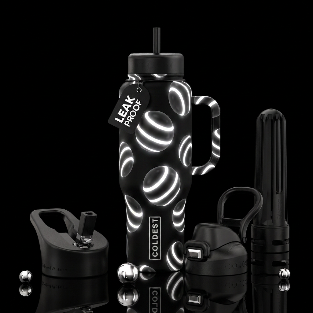 "A 3D rendering of multiple randomly separated bla... water bottle design